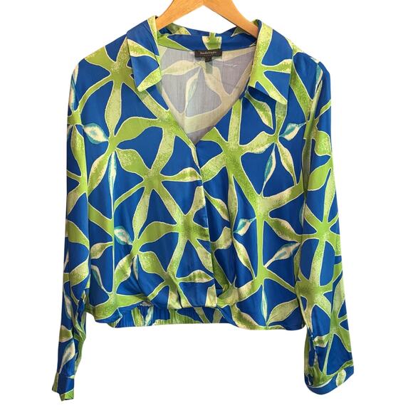 Haute Hippie Blue & Green Print Long Sleeve Suplice Style Blouse - size Large - Picture 1 of 6